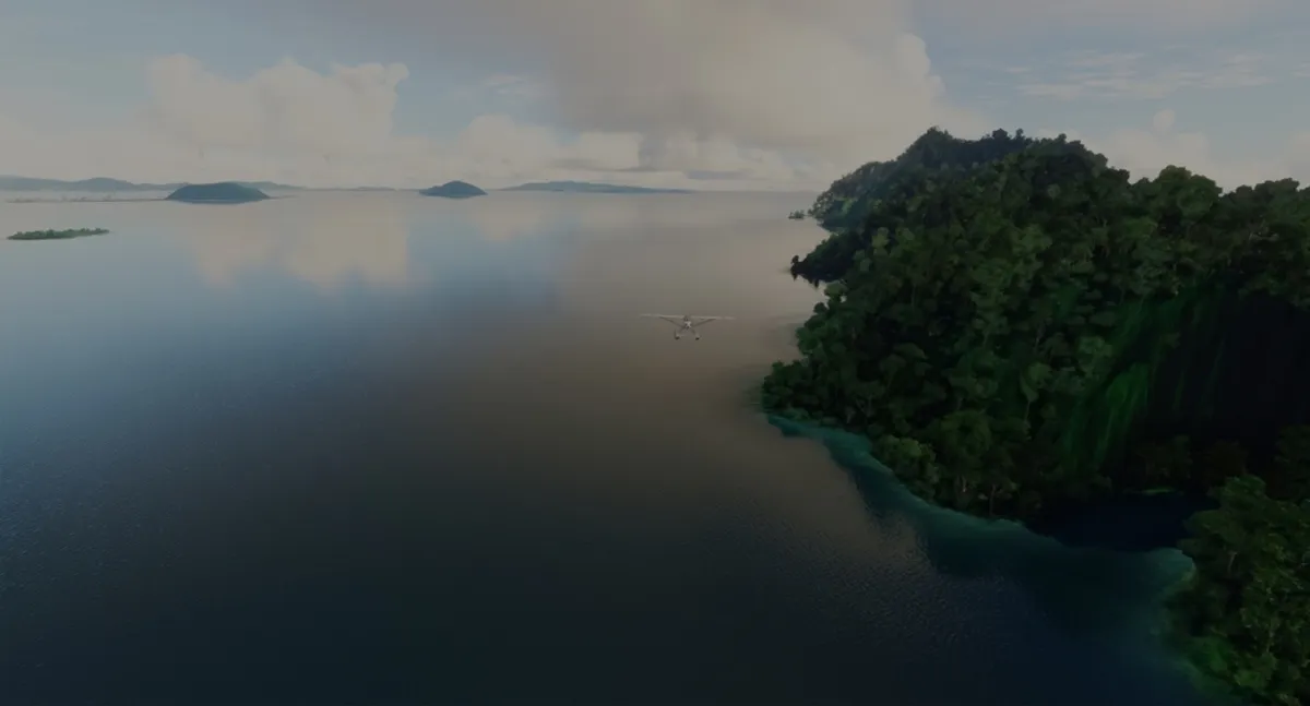 A drone photo of the sea and green mountains | Skylum Blog