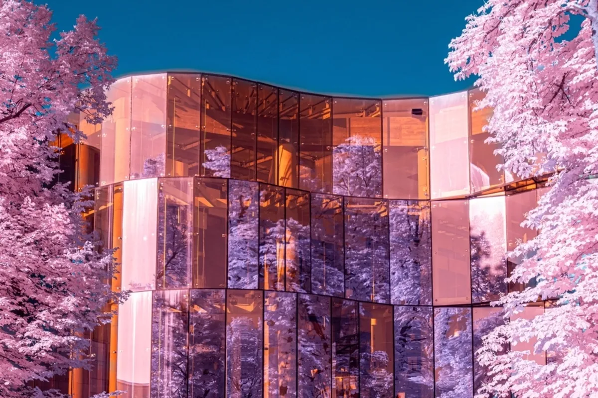 Infrared photo of a mirrored building | Skylum Blog