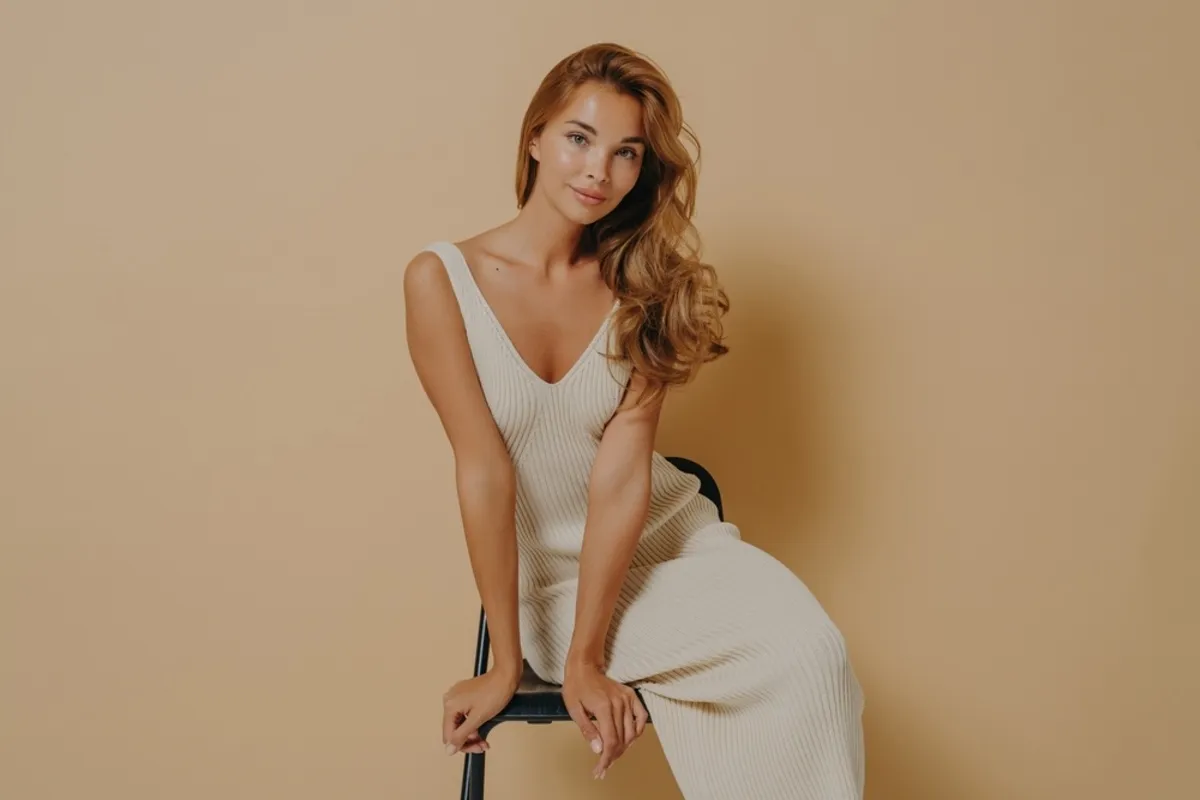 The girl on the chair rests her hands on the seat | Skylum Blog