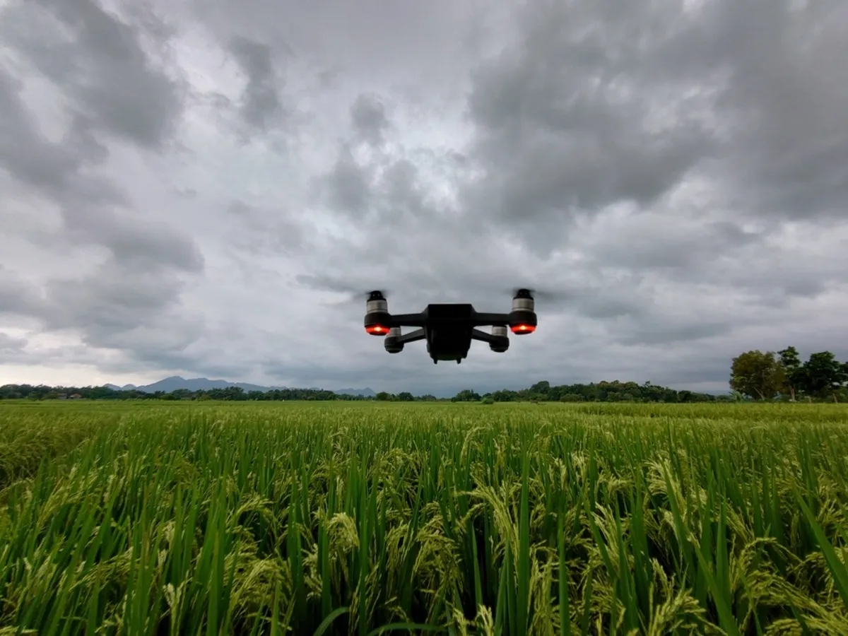 A drone flies over a field in cloudy weather | Skylum Blog