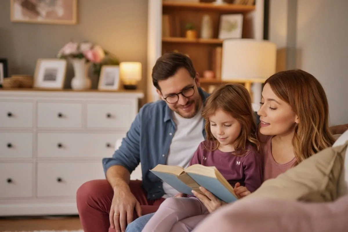Mom and dad are reading a book with their child | Skylum Blog