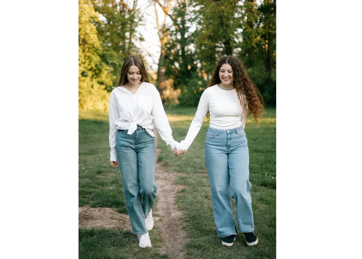 Girlfriends walk hand in hand in the park | Skylum Blog