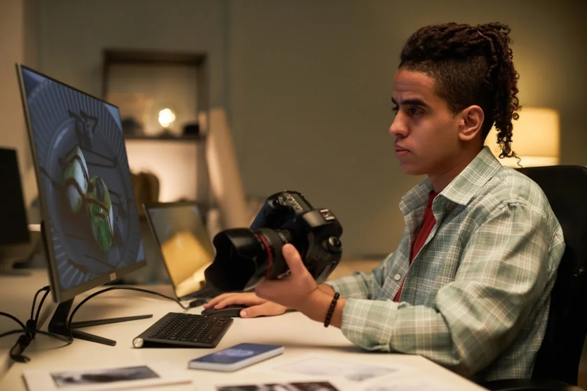 A photographer at a computer with a camera | Skylum Blog