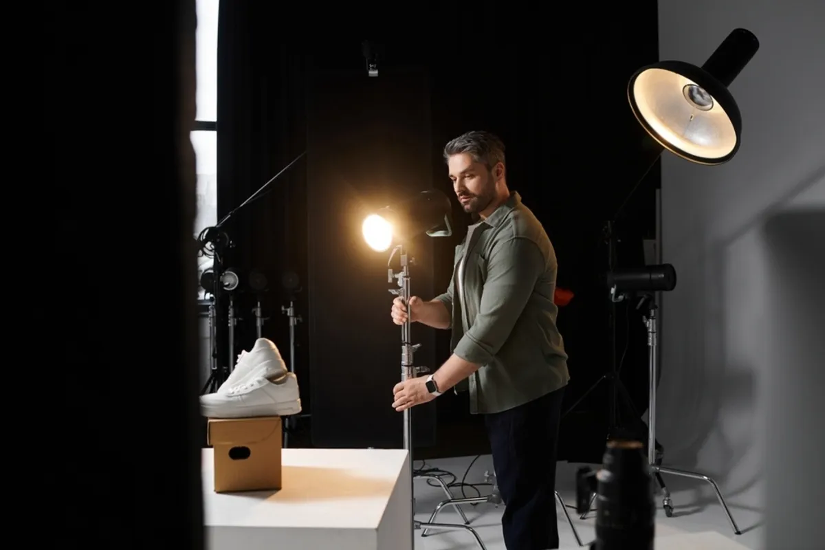 A photographer adjusts the lighting in a studio | Skylum Blog