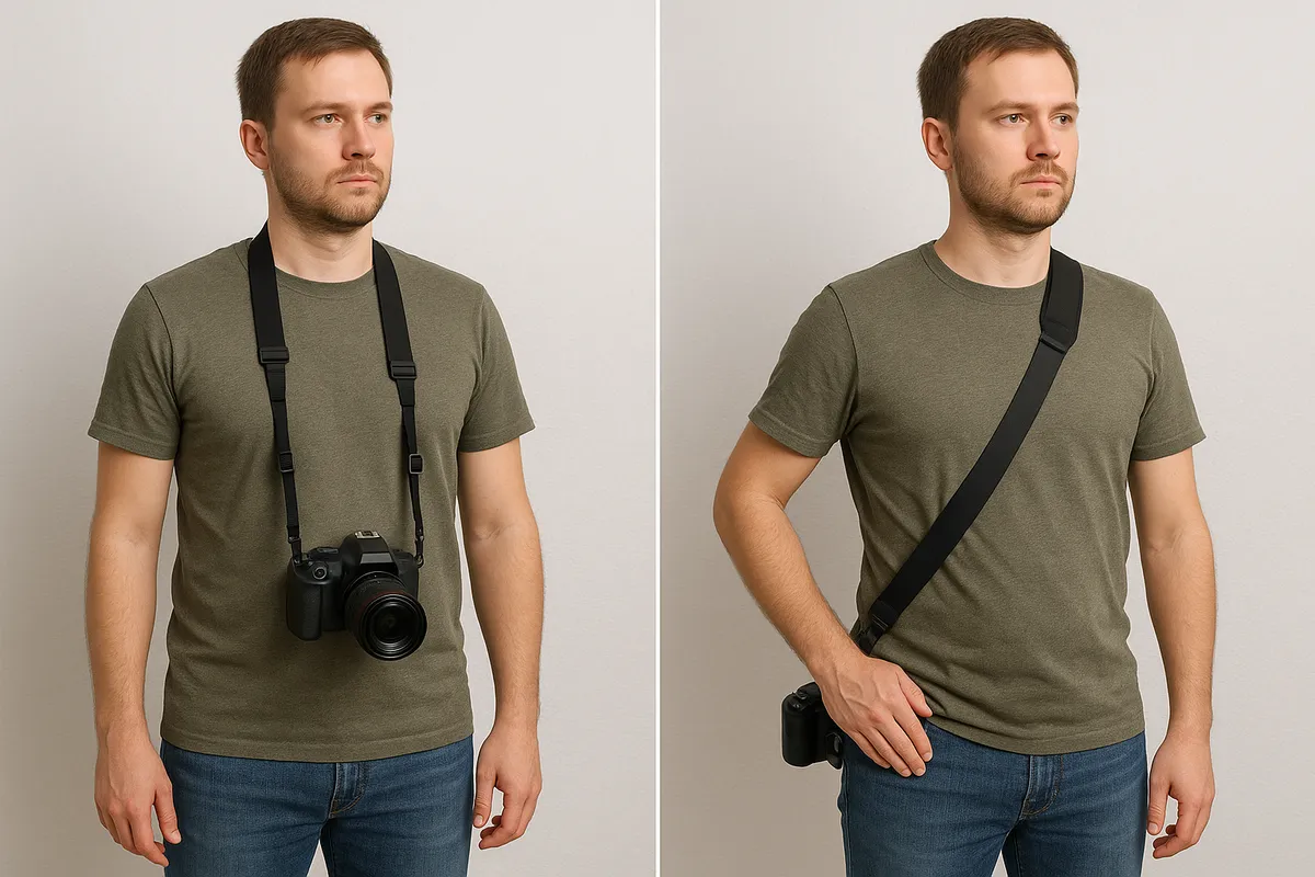 Man with regular and three-point camera strap | Skylum Blog