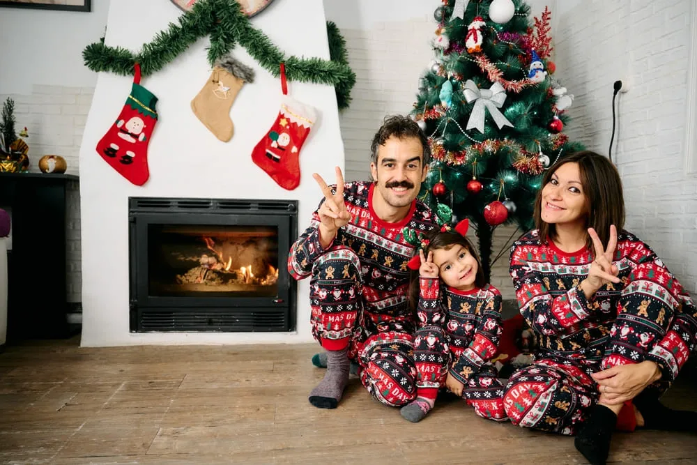 Family in Matching Pajamas Sitting by the Christmas Tree | Skylum Blog
