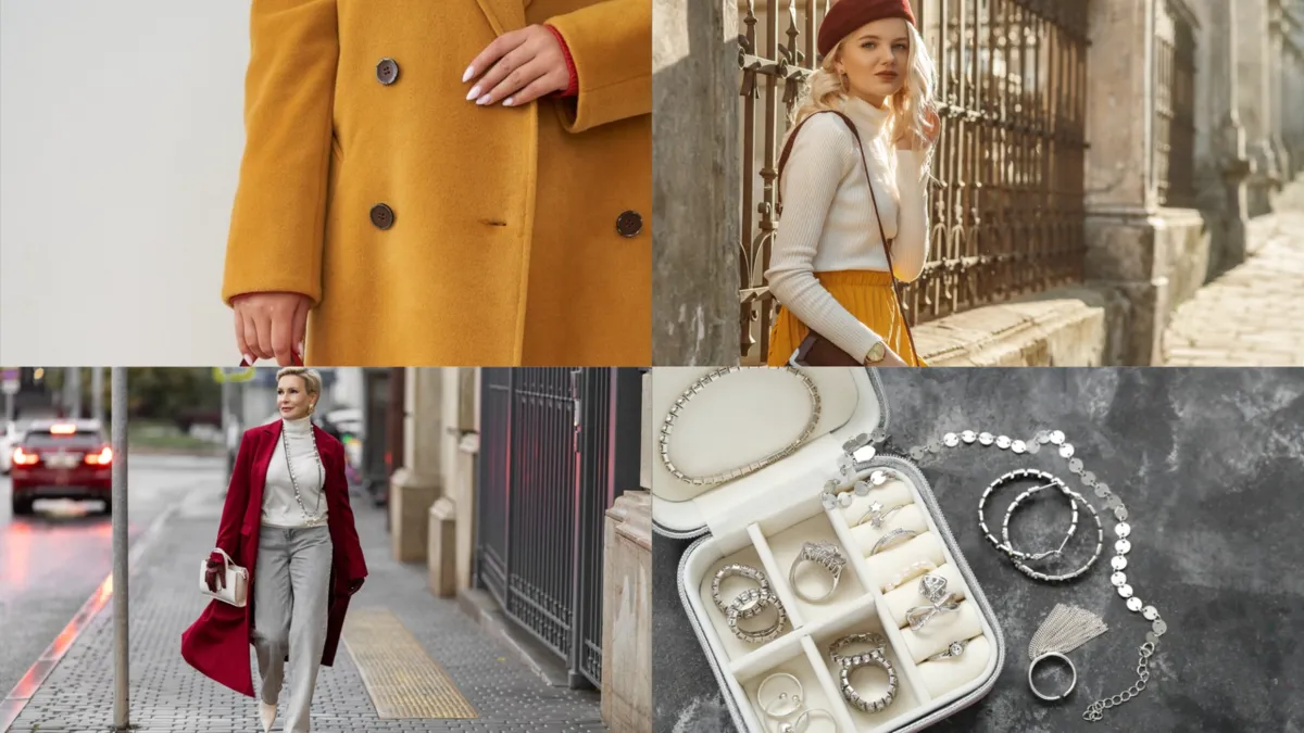Bright coat white turtleneck silver pants and silver in an autumn look | Skylum How-to