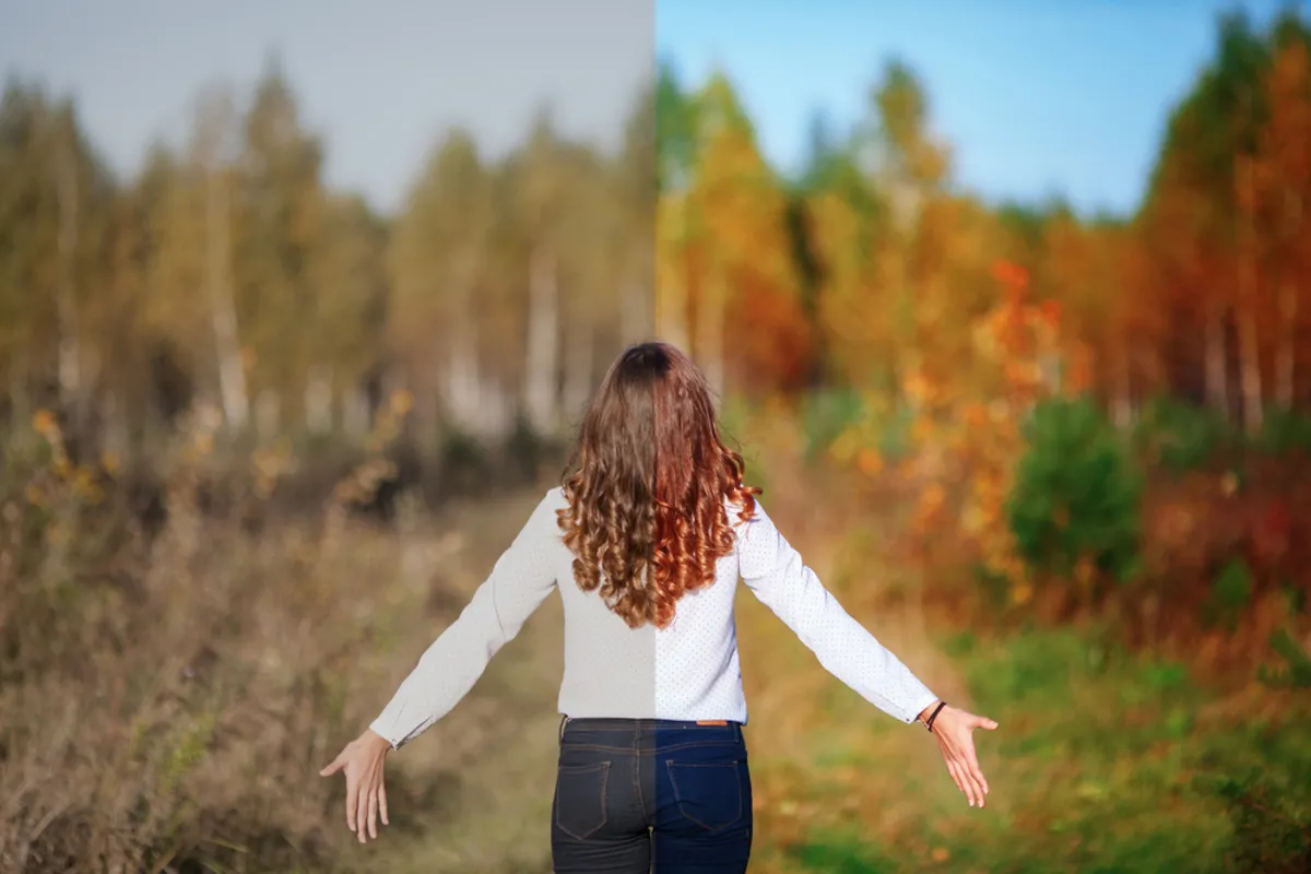 An autumn photo of a girl from behind before and after editing | Skylum Blog