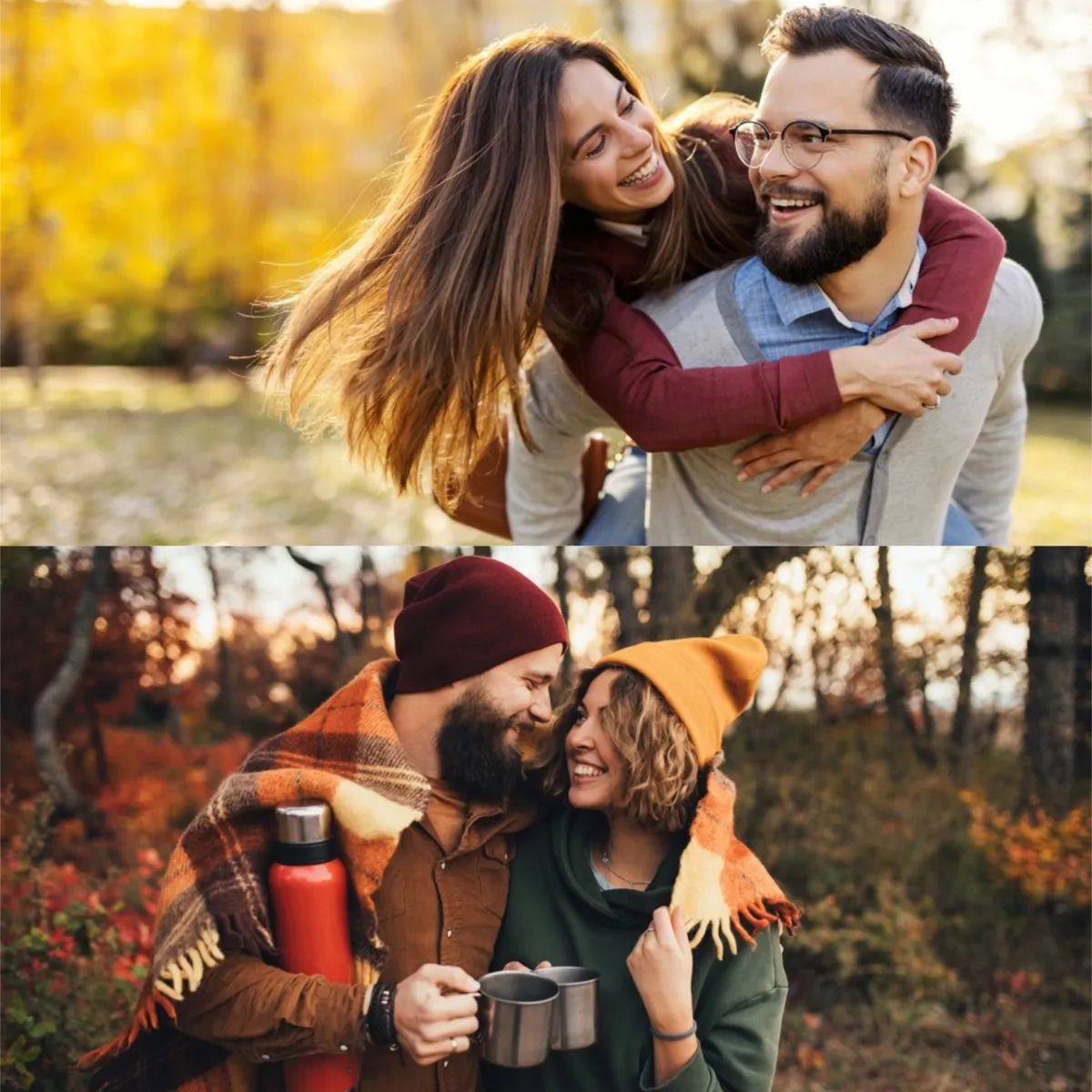 Couple in the park with blankets and cups in autumn | Skylum Blog