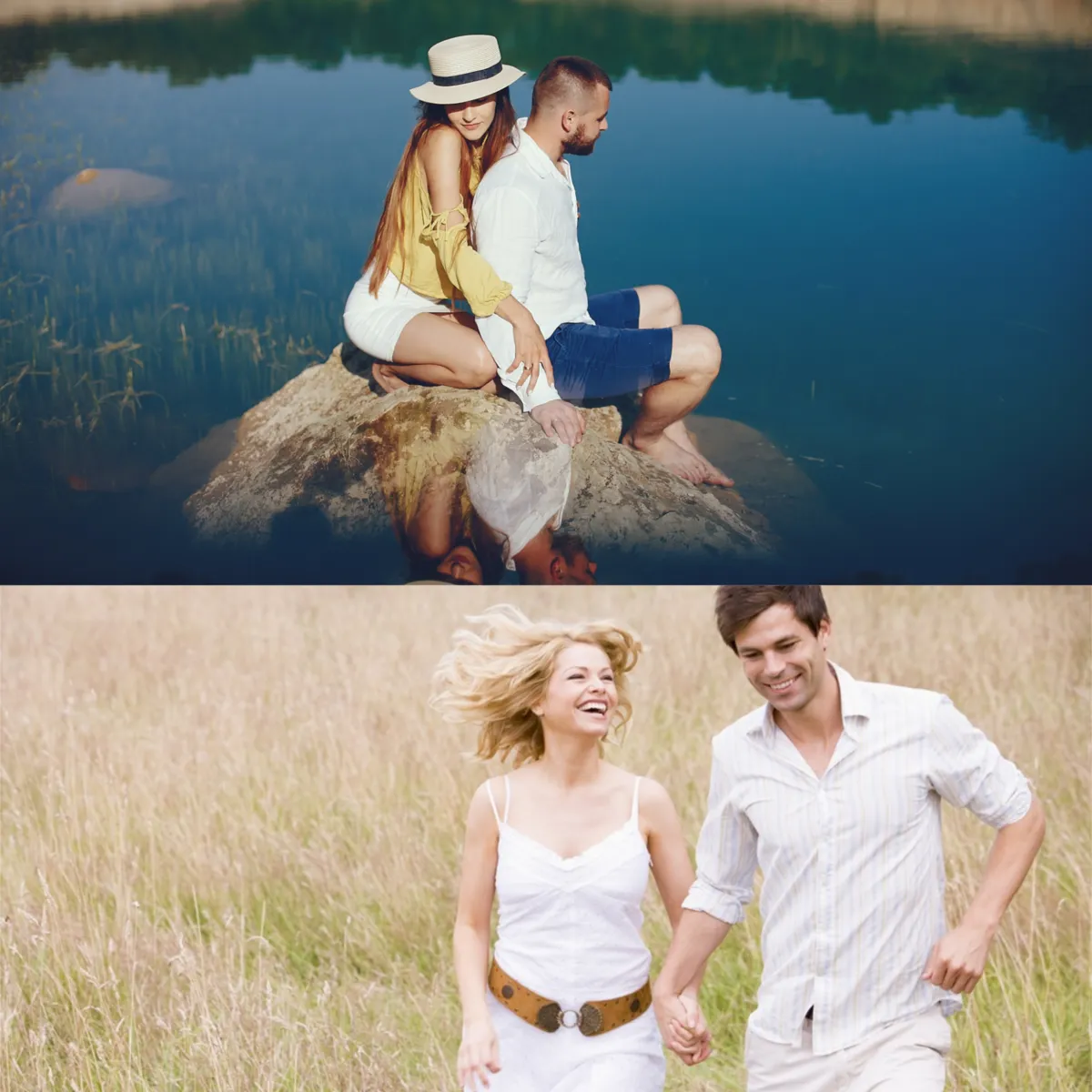 Lovers running across the field and on a stone in the water | Skylum Blog