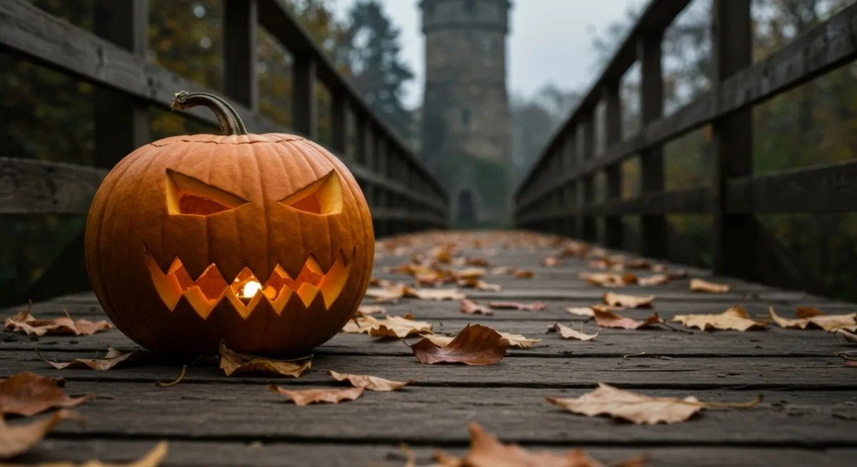 A pumpkin head with a candle inside on a bridge | Skylum Blog