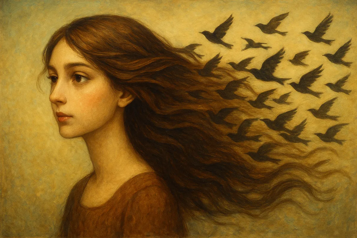 Portrait where the person’s hair transforms into a flock of birds | Skylum Blog