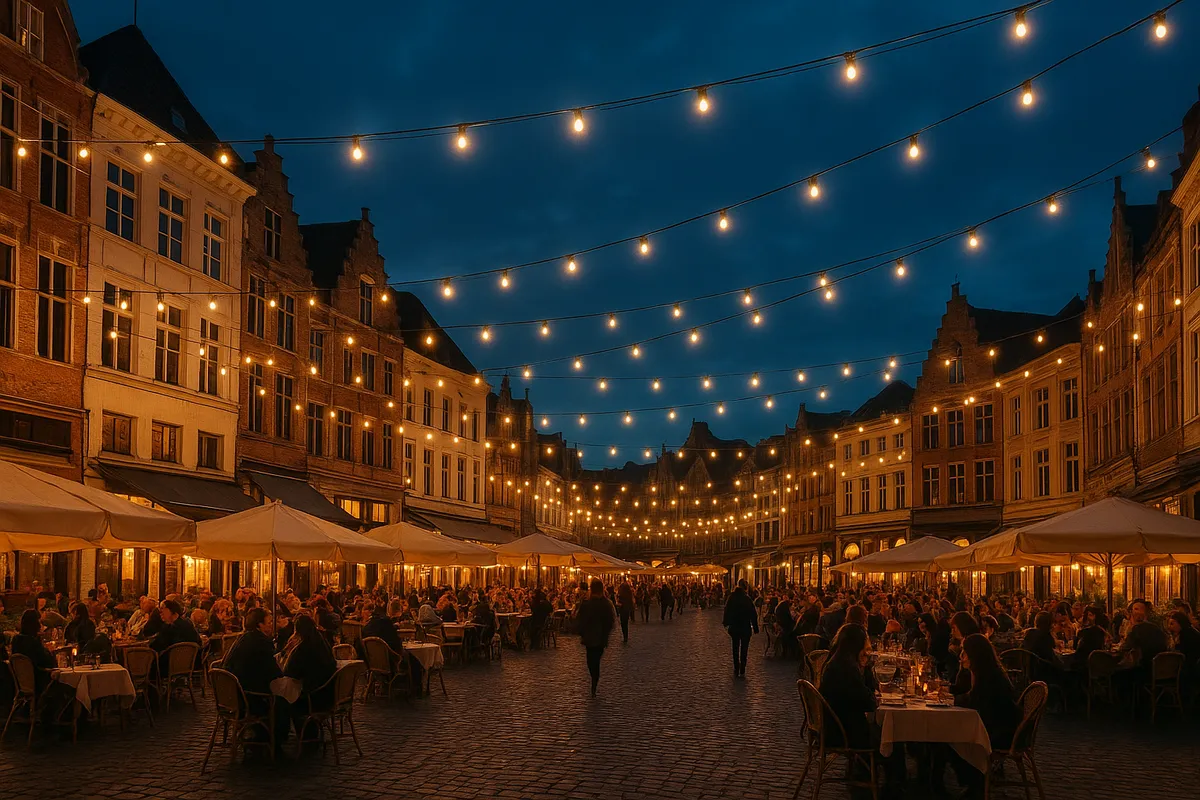 Old European town square at dusk cafés and string lights | Skylum Blog