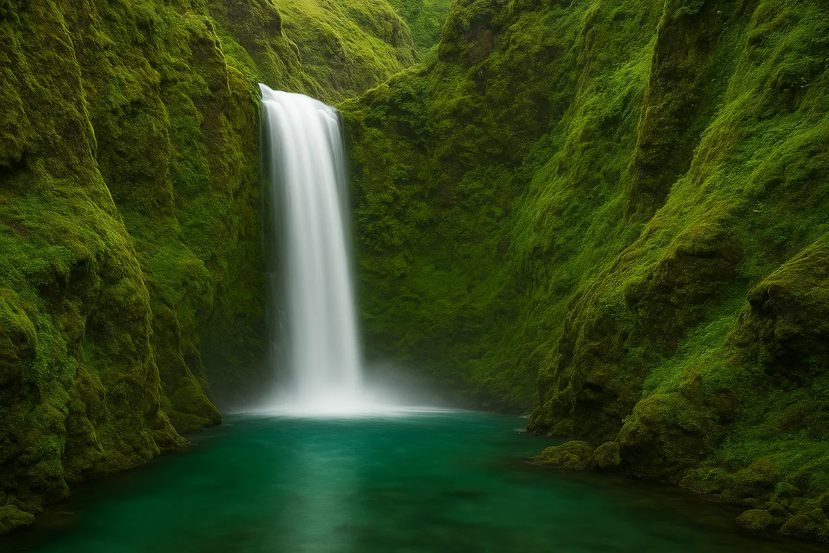Waterfall tumbling over mossy rocks in a green canyon | Skylum Blog