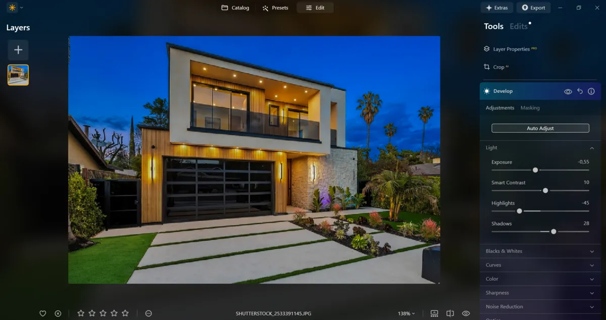 Develop in a photo of a house in Luminar Neo | Skylum Blog