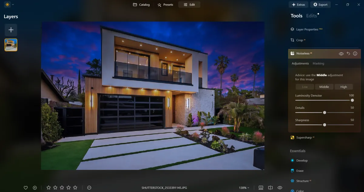 Noiseless in a photo of a house in Luminar Neo | Skylum Blog