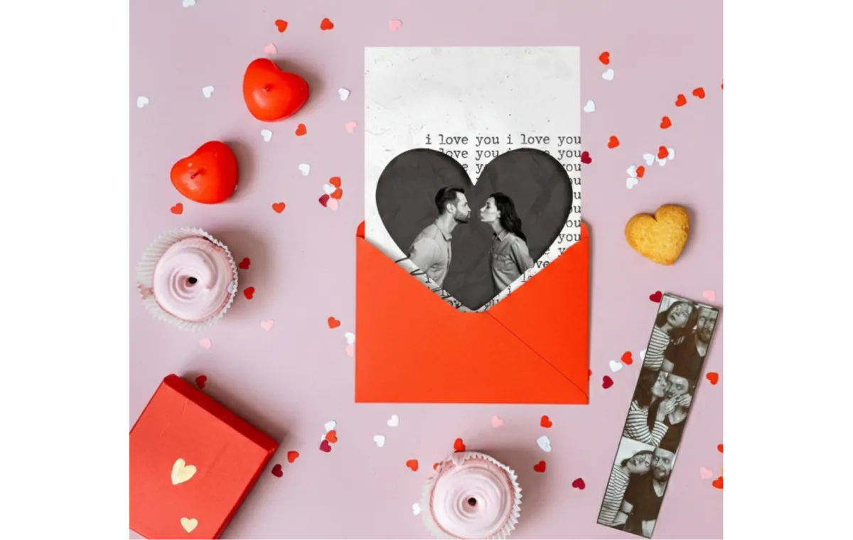 Red envelope with a heart photo and candy hearts | Skylum Blog