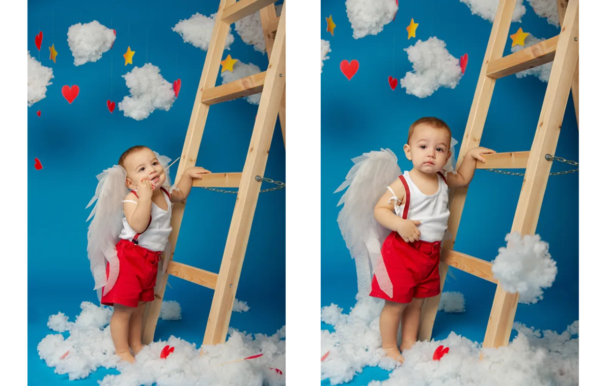 A toddler dressed as Cupid near the stairs | Skylum Blog
