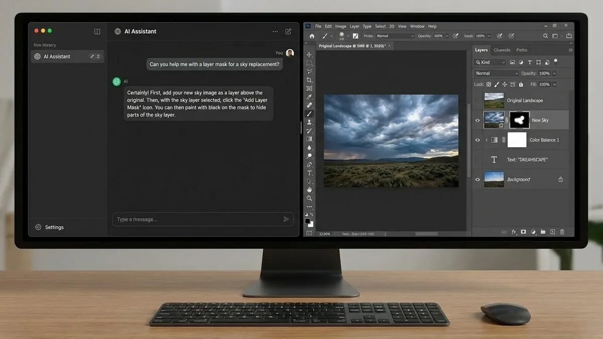 Two windows on a computer screen: GPT Chat and Photoshop | Skylum Blog
