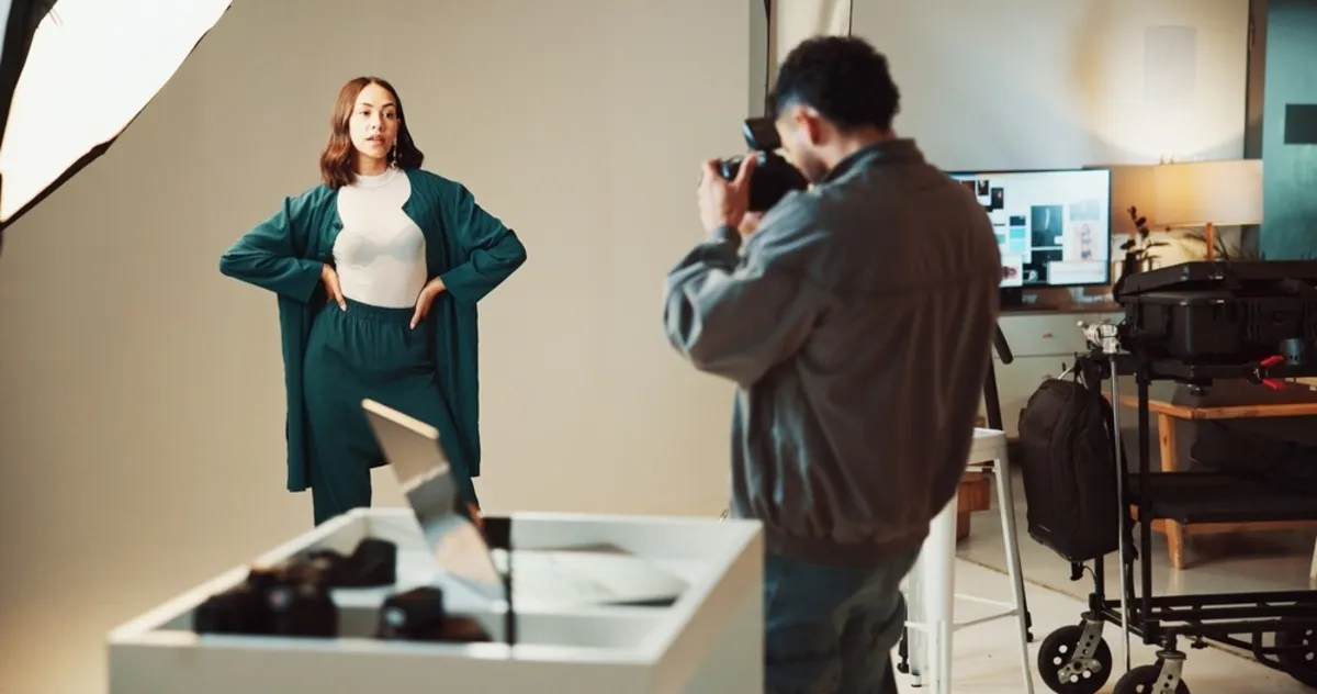 A photographer takes a photo of a young lady in a studio | Skylum Blog