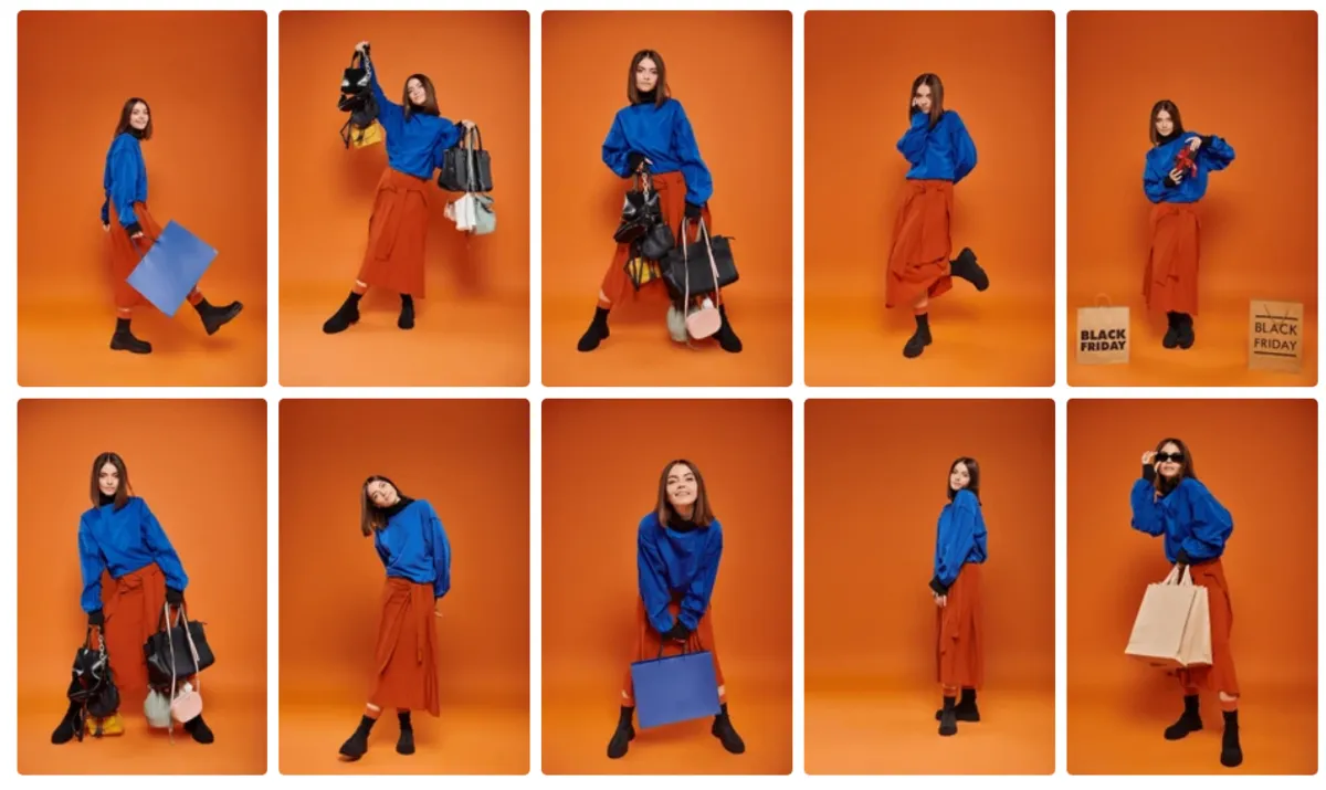 A series of photos of a model with bags | Skylum Blog