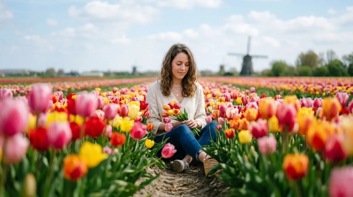 A girl with tulips in her hands in a tulip field | Skylum Blog