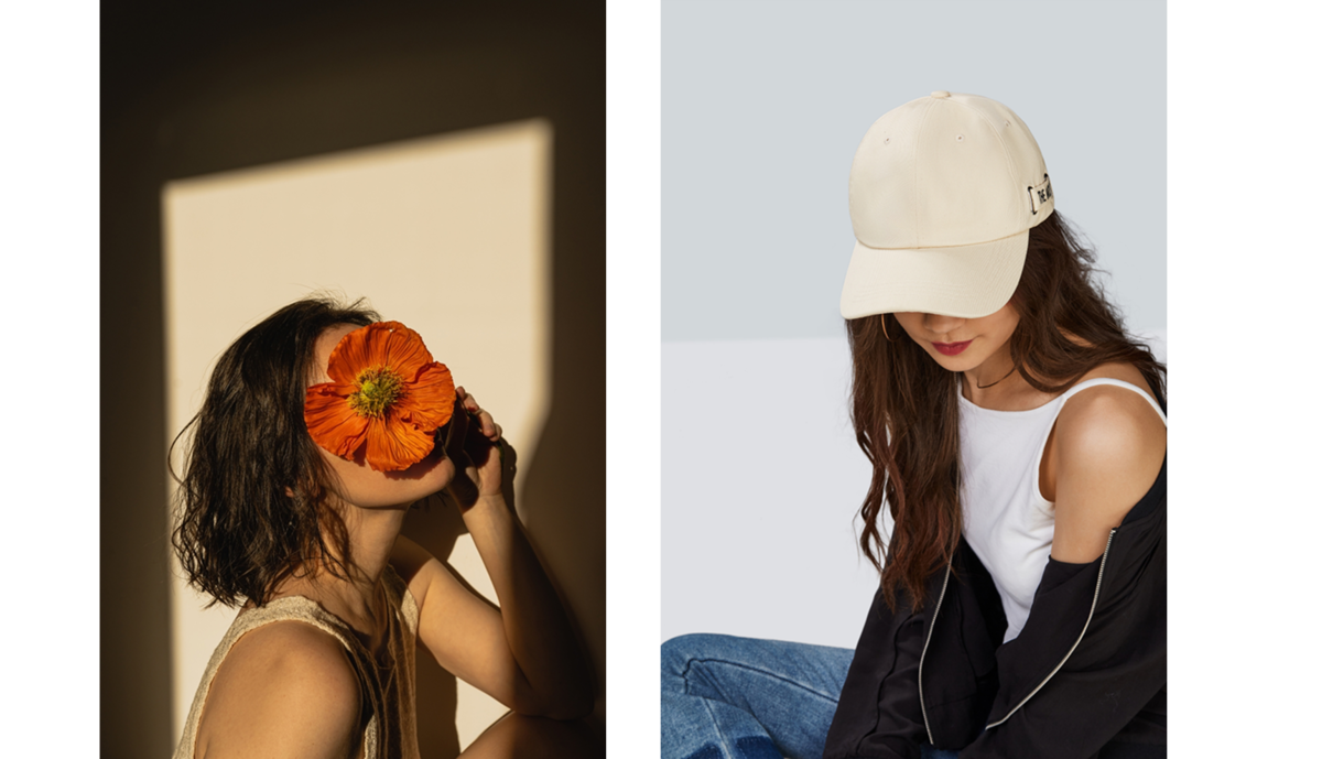 Portraits of girls with their faces covered by a flower and a cap | Skylum Blog

