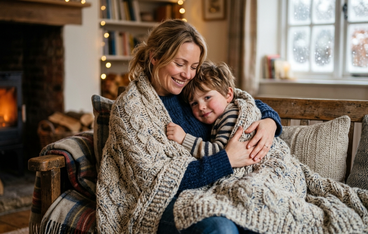 Mutter, die ihren Sohn zu Hause unter einer Decke umarmt | Skylum Blog

