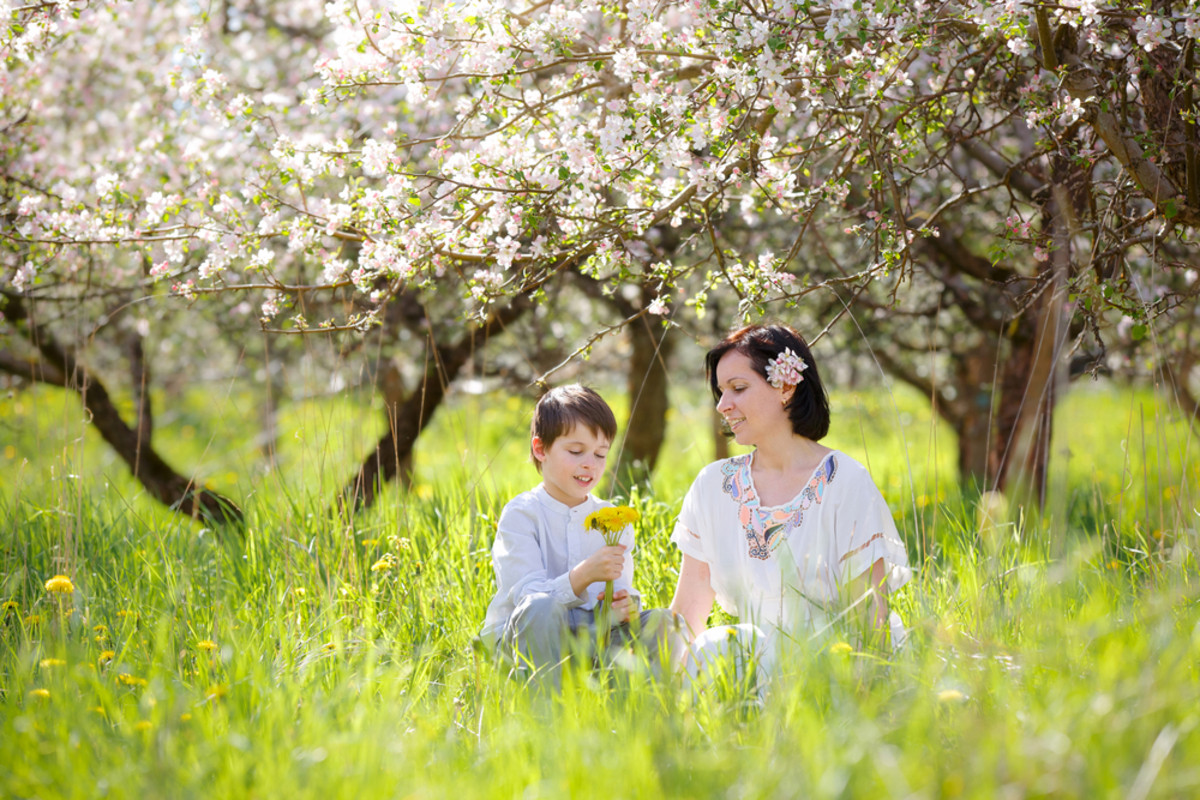 Mutter und Sohn sitzen auf einer Frühlingswiese | Skylum Blog

