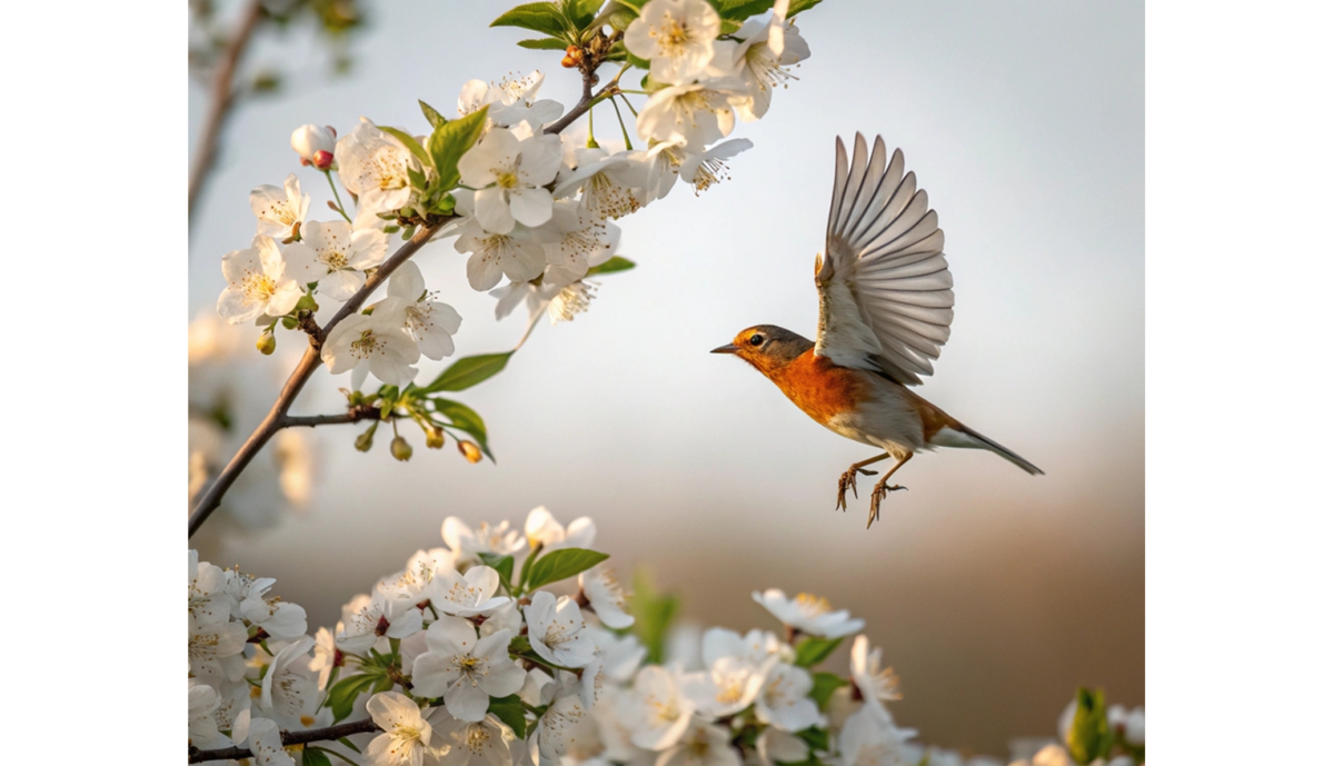 A small bird in flight near a flower tree | Skylum Blog