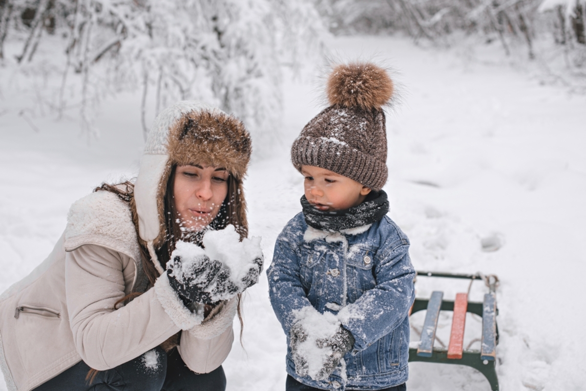 Mutter und Sohn in Winterkleidung im Schnee | Skylum Blog

