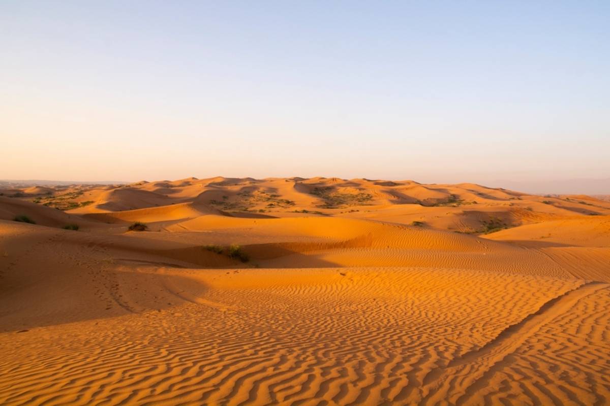 Rolling sand dunes in a desert under a clear sky | Skylum Blog

