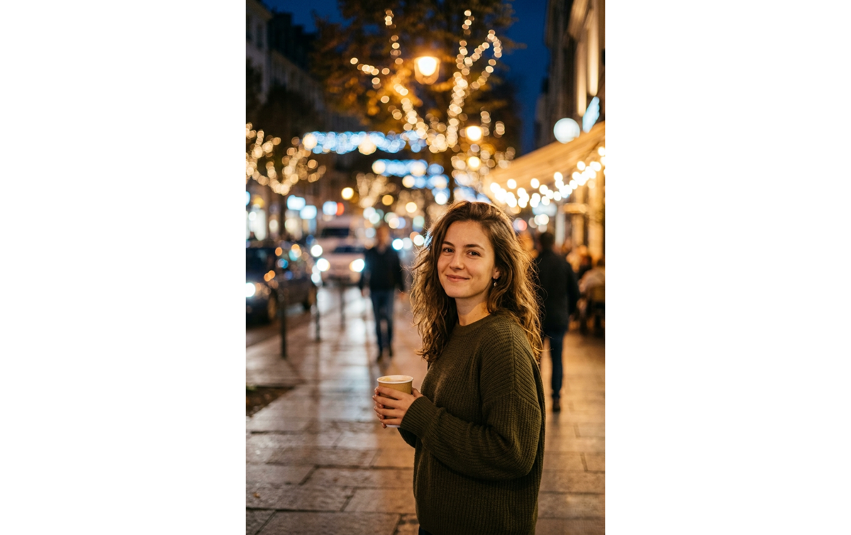 Woman in a city at night with backlit street lights | Skylum Blog

