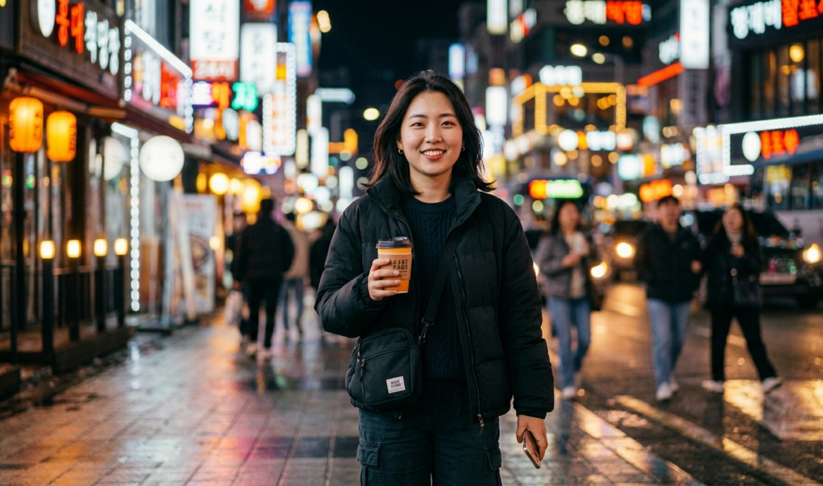 Smiling woman in a crowded city street with creamy bokeh | Skylum Blog

