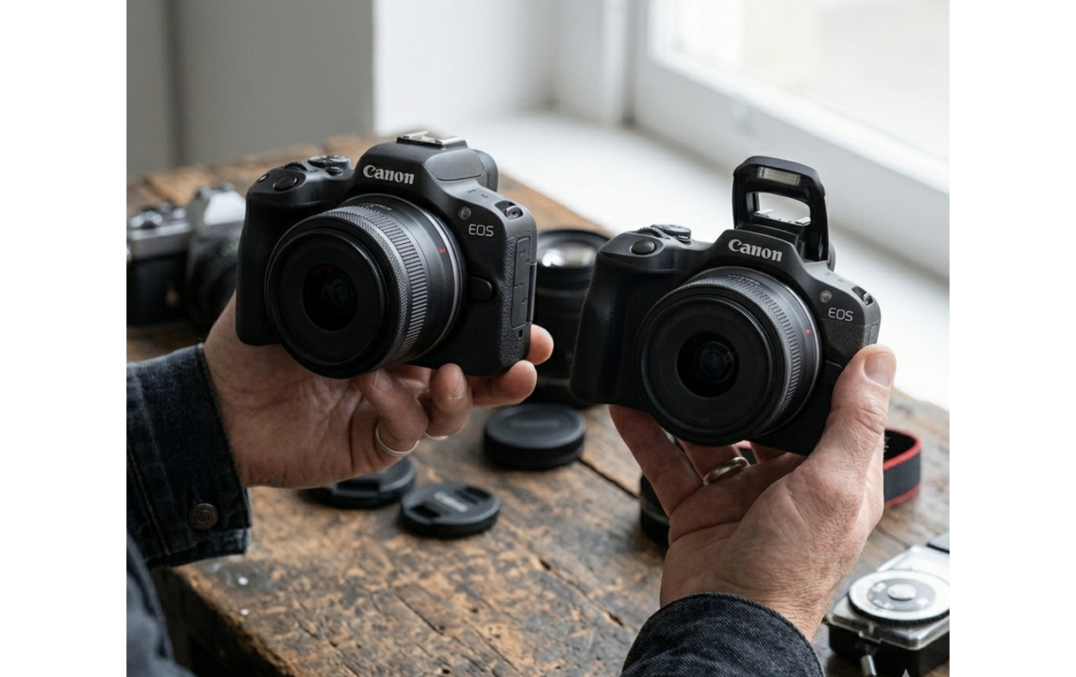 Canon R50 and Canon R100 in the hands of a photographer | Skylum Blog

