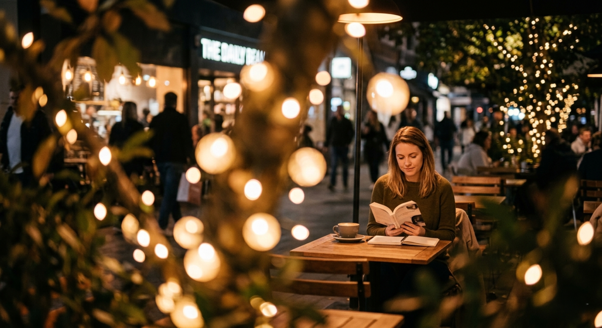 Night street scene shot through glowing foreground lights | Skylum Blog

