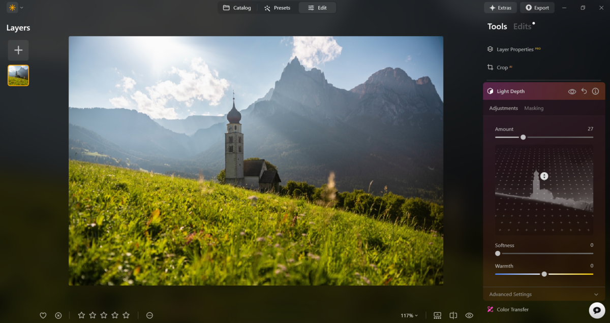 Depth of light in Luminar Neo on a photo of a mountain cabin | Skylum Blog
