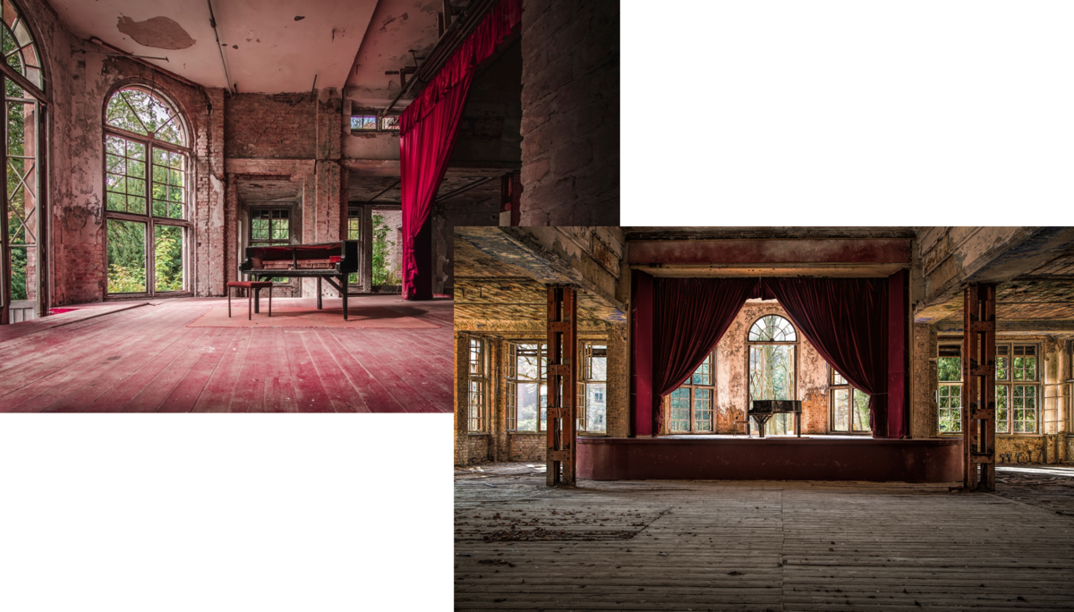 A photo collage of an abandoned building with a piano | Skylum Blog

