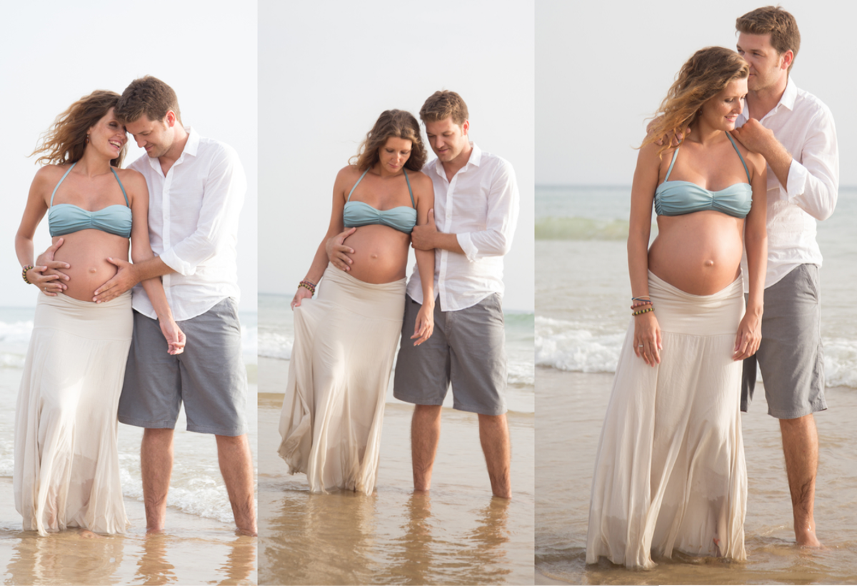 Pregnant woman with family walking along the shoreline | Skylum Blog

