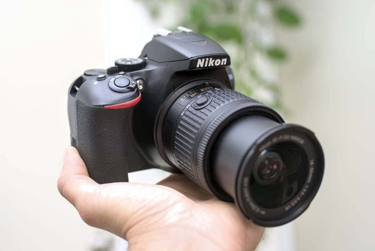 Nikon D3500 camera held in one hand | Skylum Blog


