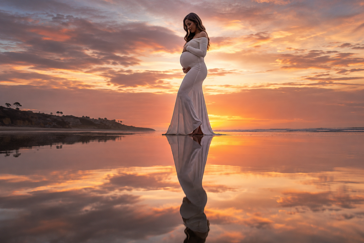 Pregnant woman reflected in wet sand at sunset | Skylum Blog

