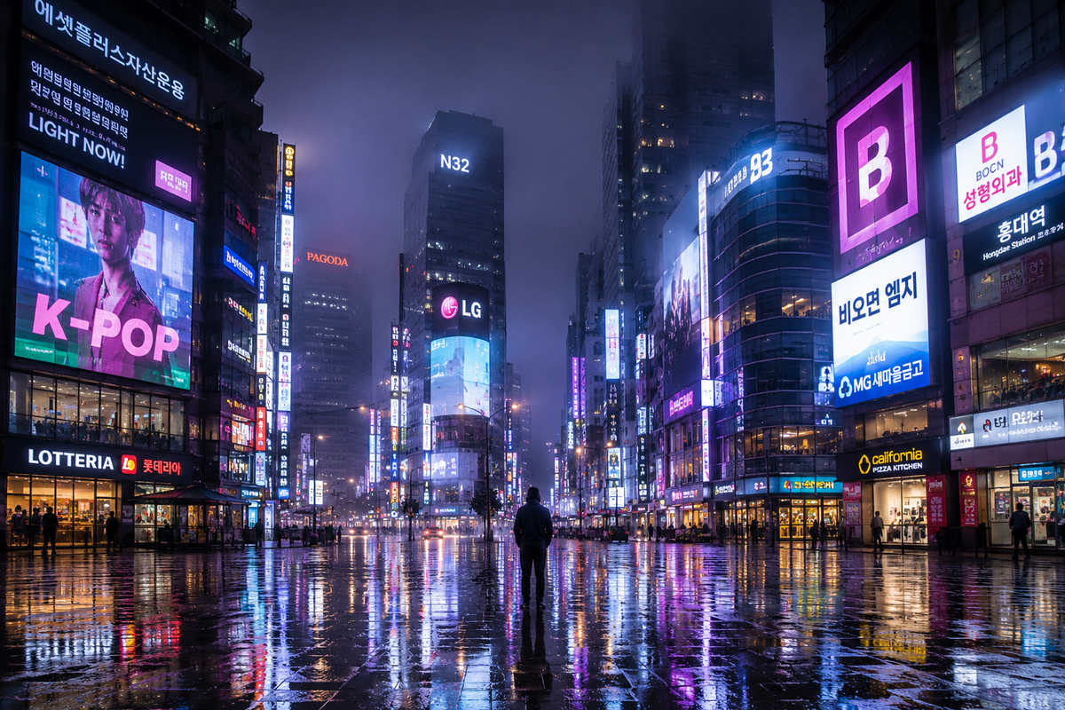 Neon-lit city street at night after rain | Skylum Blog