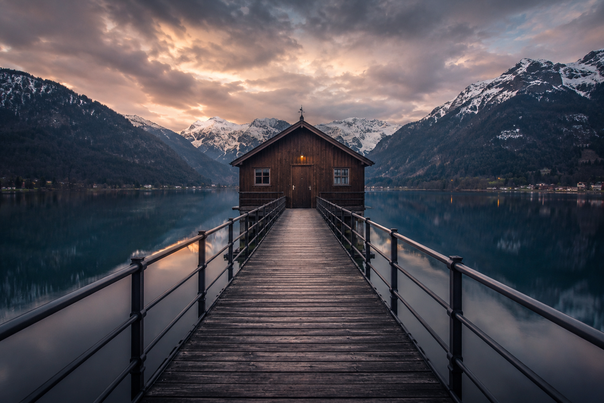 Wooden pier leading toward a mountain cabin | Skylum Blog

