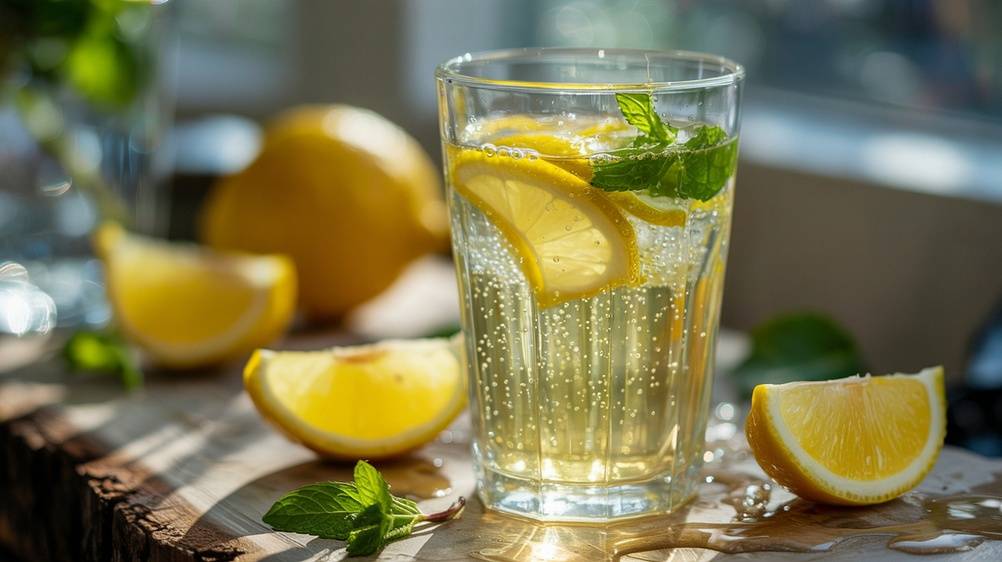 Glass of iced drink with lemon slices on a table | Skylum Blog

