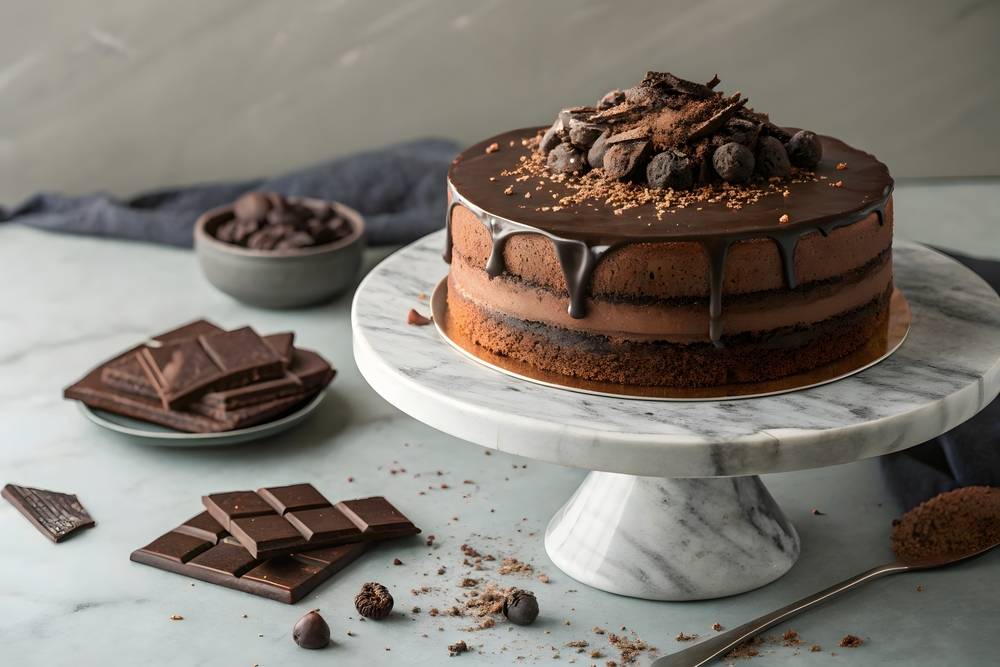 Chocolate cake on a marble stand with chocolate | Skylum Blog

