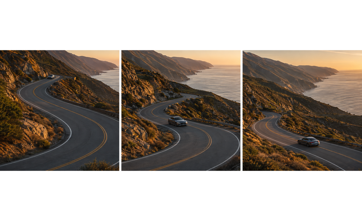 Triptych showing car driving on winding coastal road | Skylum Blog


