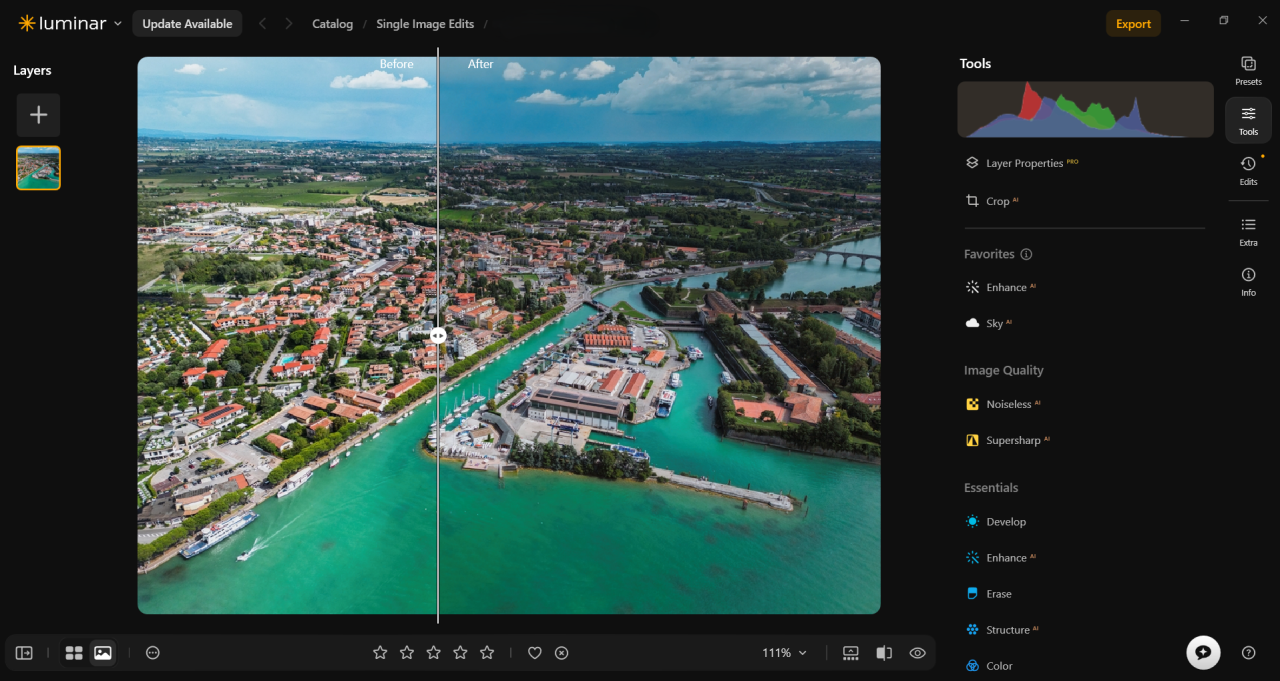 Photo editing interface in Luminar
