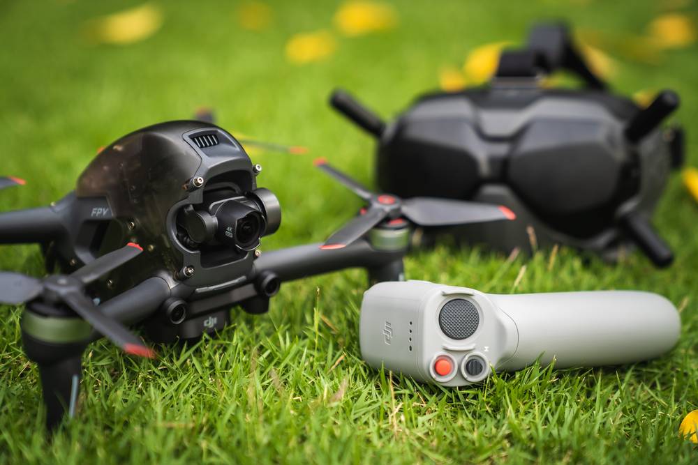 FPV drone with Goggles on grass