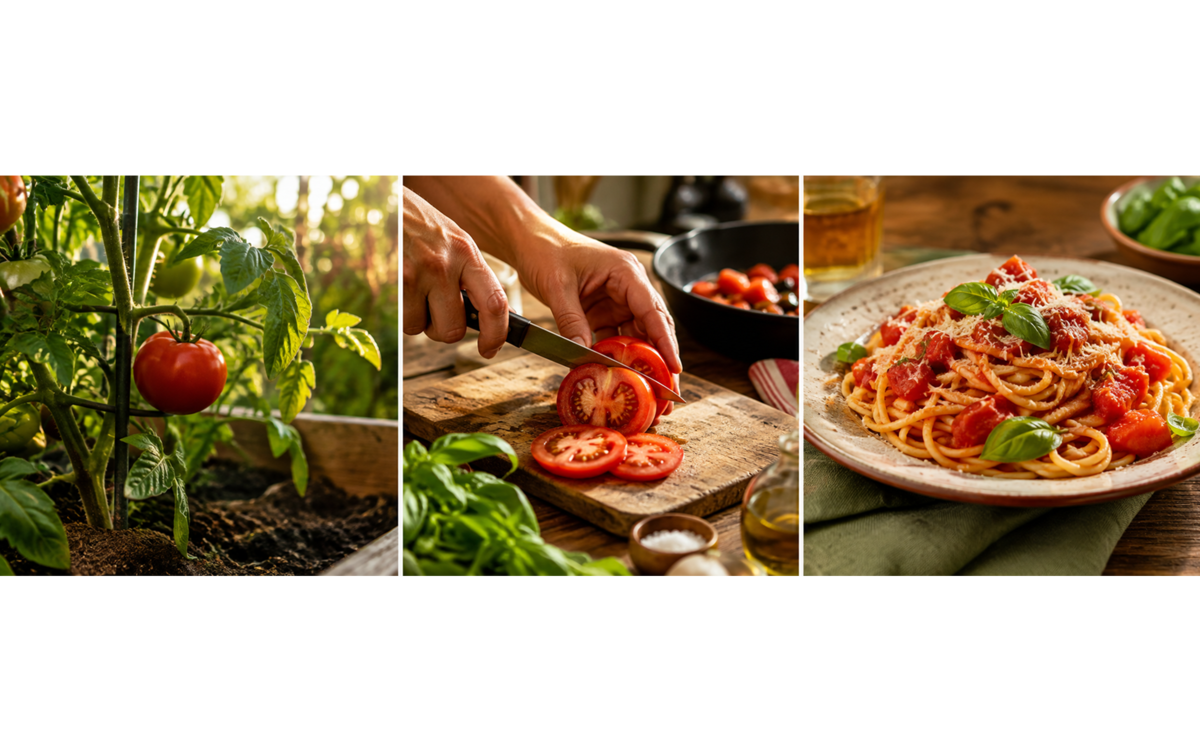 Triptych showing tomato growing, sliced, and on pasta | Skylum Blog

