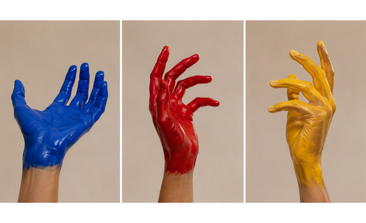Triptych of blue, red, and yellow painted hands | Skylum Blog

